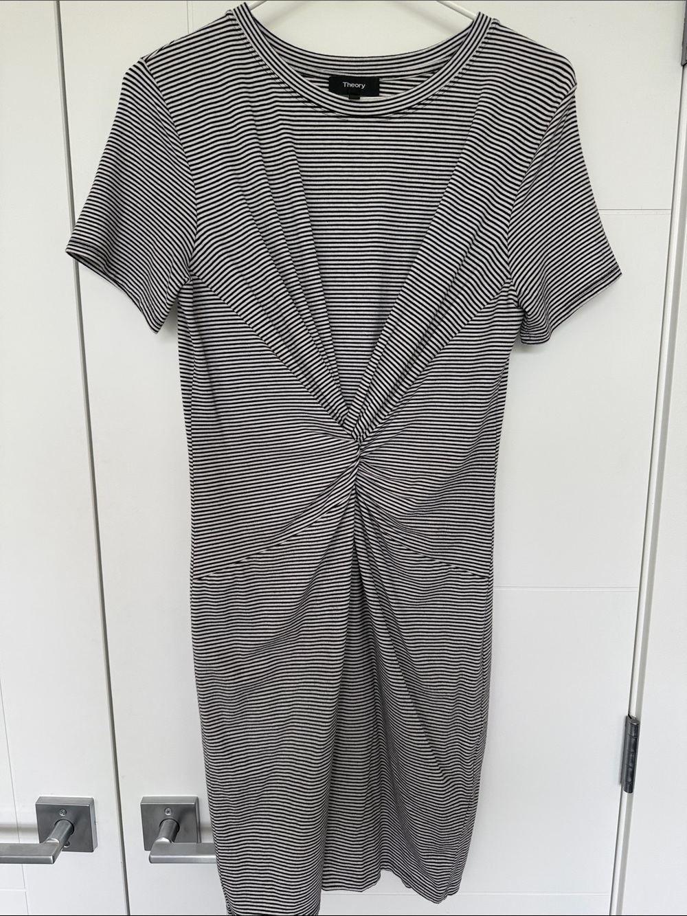 Theory Black and White Striped Twist-Front Knit Dress